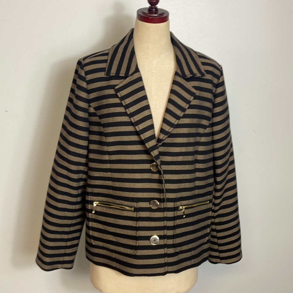 Isaac Mizrahi 14 Black & Gold Dress Blazer Zipper pockets Button up